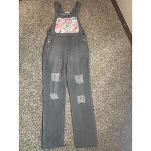 Misslook 3XL Overalls Painted Flower Hippie Boho Gray Denim Bibs Jean Farm